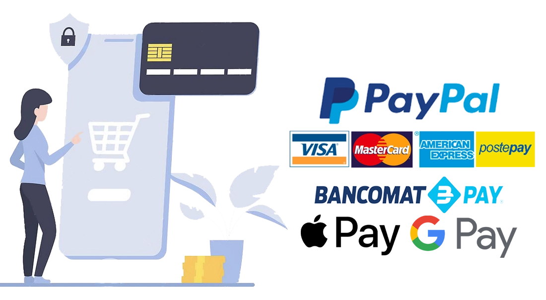 Carta di credito, Postepay, Paypal, BancomatPay, ApplePay, GooglePay